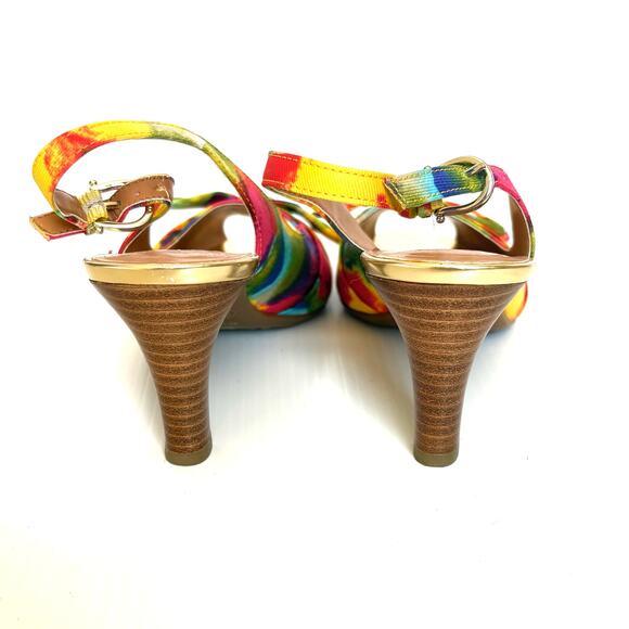 NEW Etienne Aigner Peep Toe Sling Back Heels Tropical Print Bow Women's Size 5.5 - Picture 2 of 9